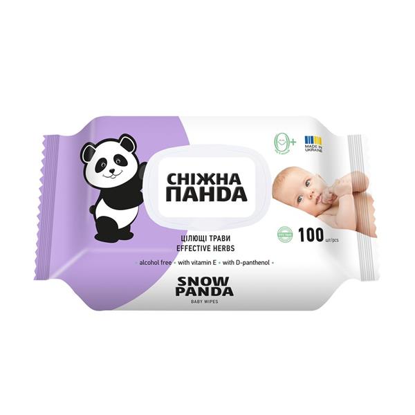 Салфетки влажные СНІЖНА ПАНДА Целительные травы, 100шт в коробке с клапаном, без спирта, безопасные для младенцев, с витамином E и пантенолом - экстракт ромашки, лаванды и календулы!