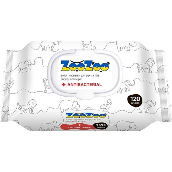 Серветки вологі ZooZoo Antibacterial, 120шт в упаковці з клапаном, без спирту, антибактеріальні! Made in Ukraine
