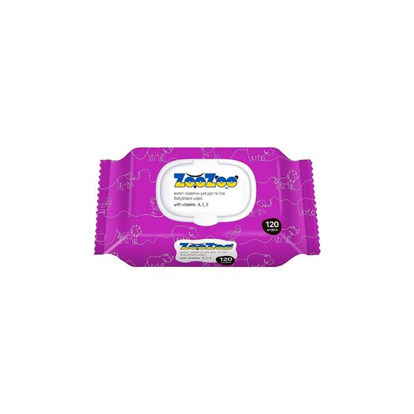 Серветки вологі ZooZoo Vitamins, 120шт в упаковці з клапаном, без спирту, з вітамінами A, C, E! Made in Ukraine