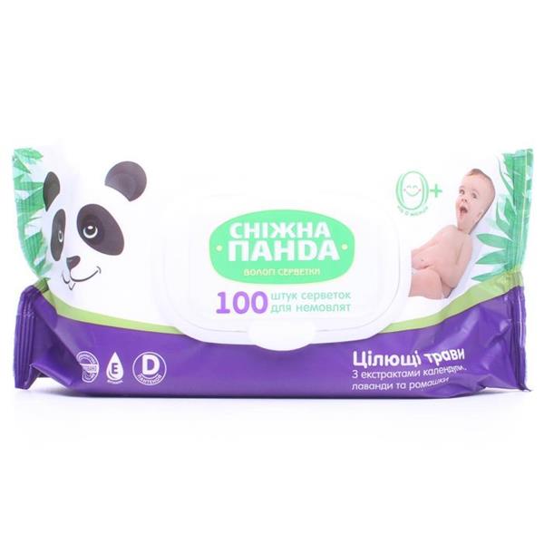 Серветки вологі СНІЖНА ПАНДА Цілющі трави, 100шт в упаковці з клапаном, без спирту, безпечні для немовлят, з вітаміном E та пантенолом - екстракт ромашки, лаванди та календули!