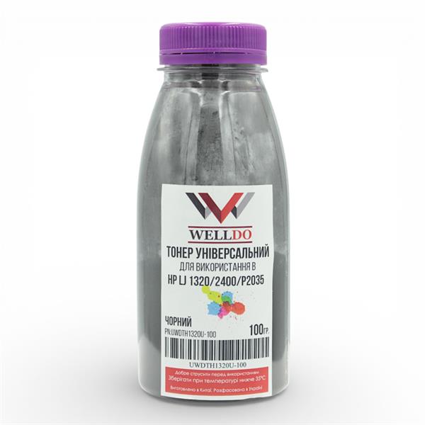 Тонер WELLDO HP LJ 1320/1160/1000/1010/1012/1015/1018/1020/1022/1200/1220/5L/6L/2100/2200/2300/2400/2410/2420/2430/3100/3105/3300/3310/3320/3330/3380/3390/3392/5200/8000/P2014/2015/2035/2055/3005/3015/M3027/3035/5025/5035/M102/104/106/130/132/134/Canon LBP440/445/460/465/660/1210/2460/EP-A/Q5949A/Q2610A/C4096A/Q7553A/Q7516A/Q7570A/Q7551A/Q6511A/C3909A/Q2612A/CE505A/CE255A/C7115A/Q3906A/CF217A/CF219A/CF234A, універсальний, СУПЕР ЯКІСТЬ не поступається STATIC CONTROL! Packed in Ukraine! з мішка WDTH1320U! 100г/банка