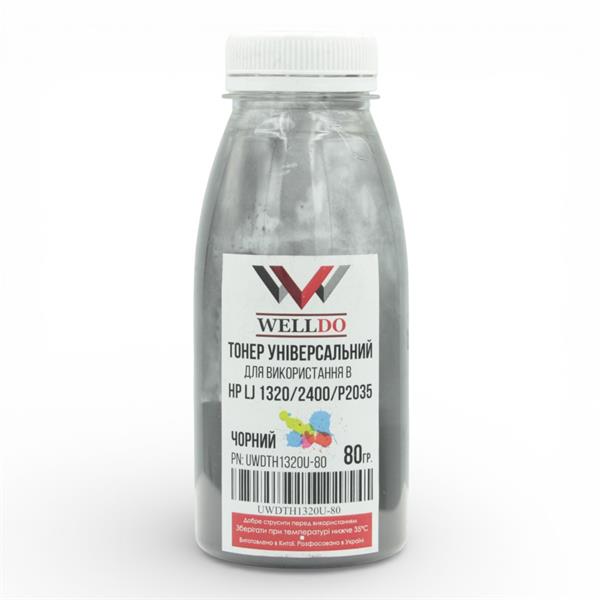 Тонер WELLDO HP LJ 1320/1160/1000/1010/1012/1015/1018/1020/1022/1200/1220/5L/6L/2100/2200/2300/2400/2410/2420/2430/3100/3105/3300/3310/3320/3330/3380/3390/3392/5200/8000/P2014/2015/2035/2055/3005/3015/M3027/3035/5025/5035/M102/104/106/130/132/134/Canon LBP440/445/460/465/660/1210/2460/EP-A/Q5949A/Q2610A/C4096A/Q7553A/Q7516A/Q7570A/Q7551A/Q6511A/C3909A/Q2612A/CE505A/CE255A/C7115A/Q3906A/CF217A/CF219A/CF234A, універсальний, СУПЕР ЯКІСТЬ не поступається STATIC CONTROL! Packed in Ukraine! з мішка WDTH1320U! 80г/банка