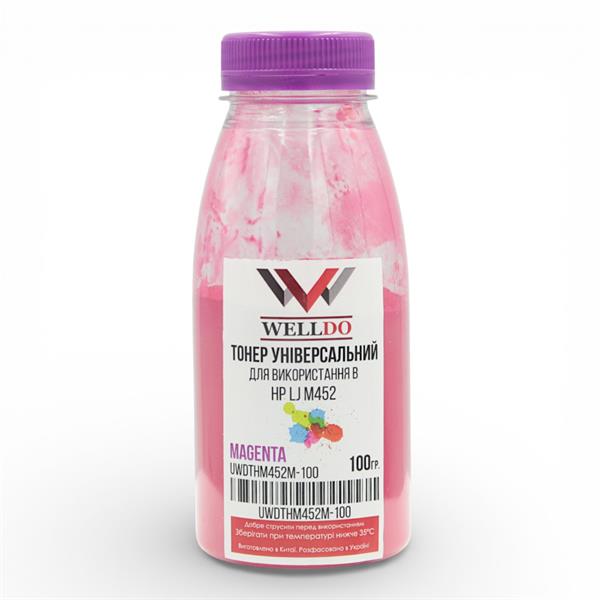 Тонер WELLDO HP COLOR LJ M252/274/277/452/477/M552/M553/M577/M175/251/275/276/CP1025/1020/1210/1215/1510/1515/1518/1525/CM1312/1415/Canon MF631/632/633/634/635/641C/643C/645C/724/728/729/730/732C/734C/735C/8330/8340/8350/8360/8380/8540/8550/8580/LBP610/611/612/613/621C/623C/650/653/654/710C/712C/5480/7010/7018/7200/7210/7660/7680/7780, CF213A/131A/CE313A/126A/CE323A/128A/CF363A/508A/CF403A/201A/CE403A/507A/CF413A/410A/CE413A/305A/CF533A/205A/CF543A/203A/CB543A/125A/Canon 040/Canon 045/Canon 046/Canon 054, універсальний, Magenta, 100г/банка, розфасовано в Україні!